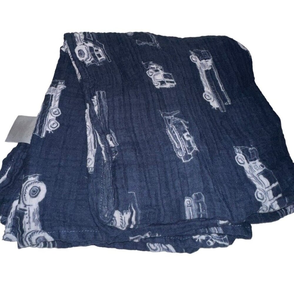 Newcastle Cotton Muslin Swaddle Blanket Navy White Construction Vehicles Lovey